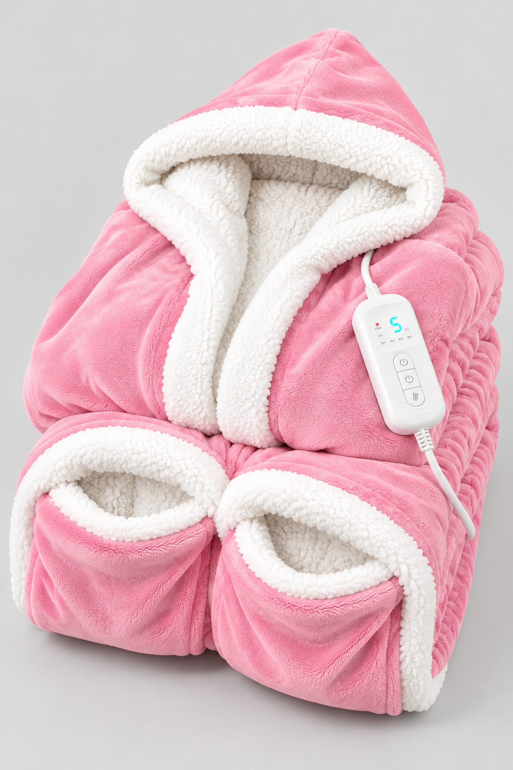 Light Pink Best Mom Ever Heated Robe, folded with foot pockets and heat controller