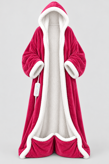 Dark Pink Best Mom Ever Heated Robe, front open, white sherpa lining and foot pockets
