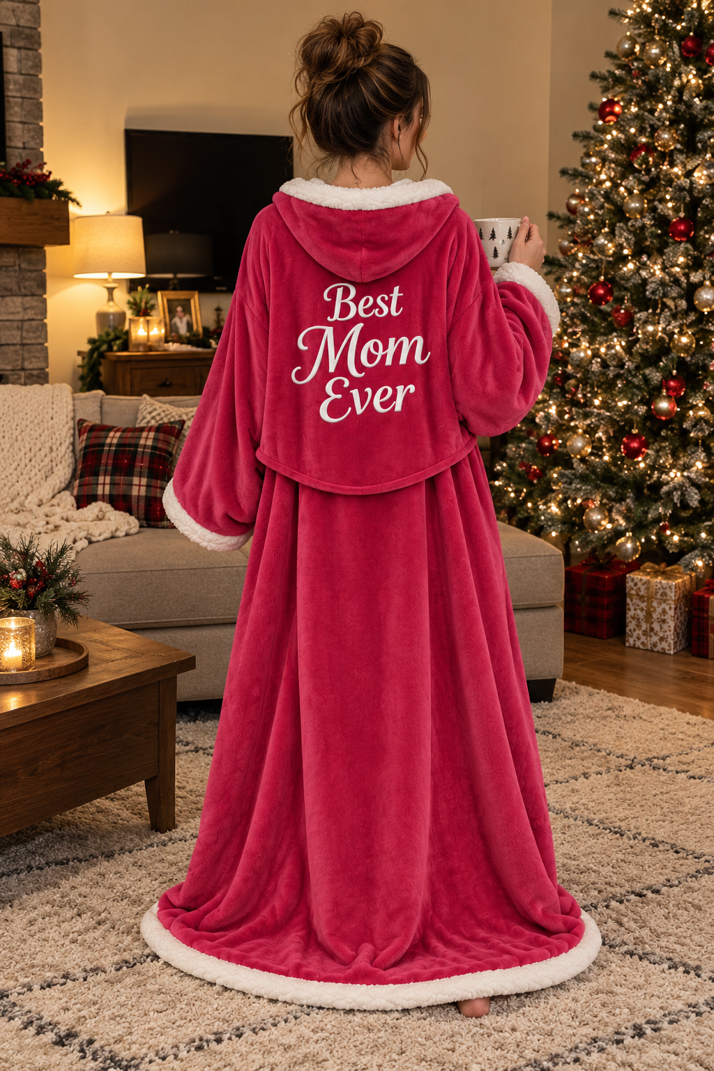 Dark Pink Best Mom Ever Heated Robe, worn at home, Best Mom Ever on the back