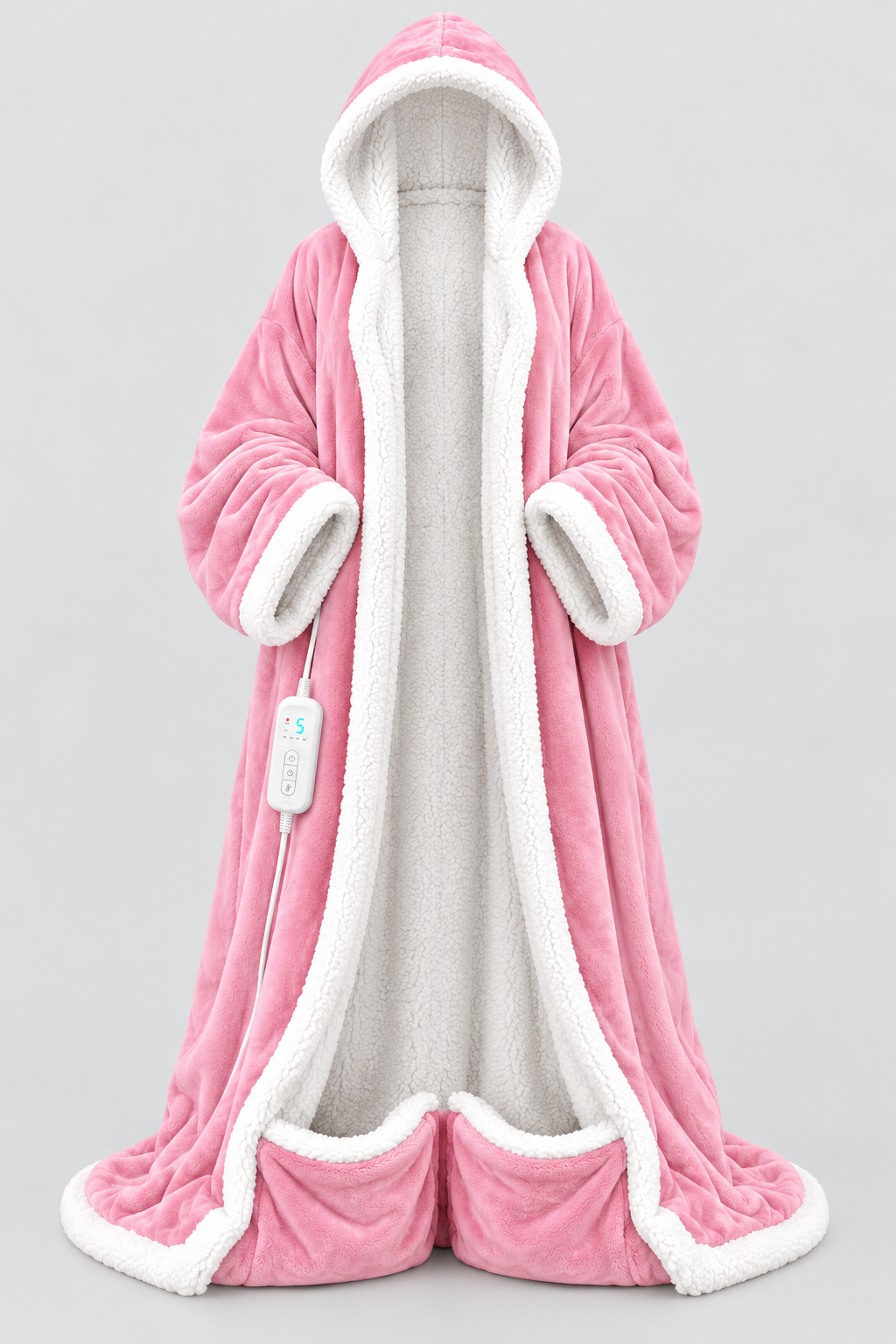 Light Pink Best Mom Ever Heated Robe, front open, white sherpa lining and foot pockets