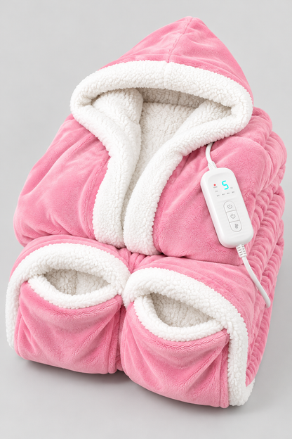 Light Pink Best Mom Ever Heated Robe, folded with foot pockets and heat controller