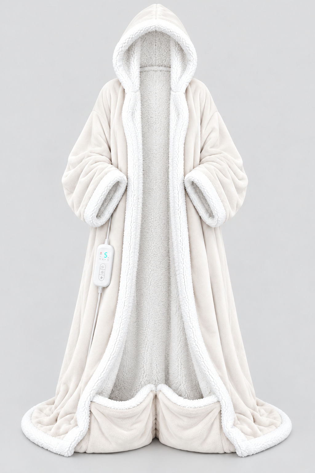 White Best Mom Ever Heated Robe, front open, white sherpa lining and foot pockets