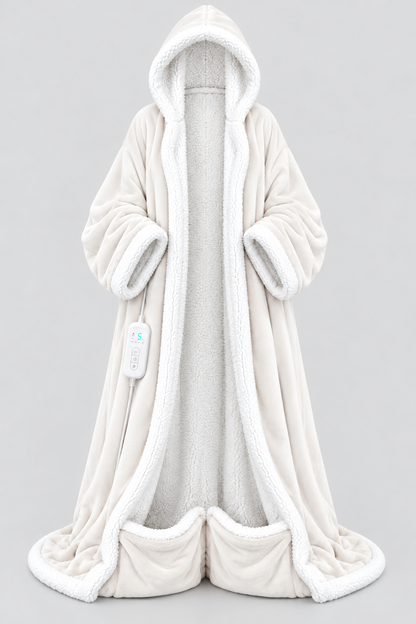 White Best Mom Ever Heated Robe, front open, white sherpa lining and foot pockets
