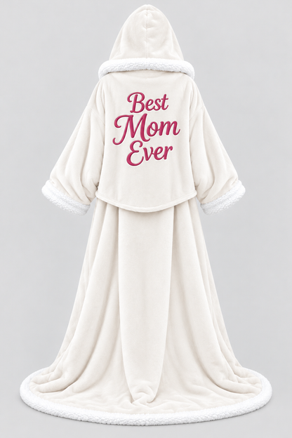 White Best Mom Ever Heated Robe, back with Best Mom Ever print