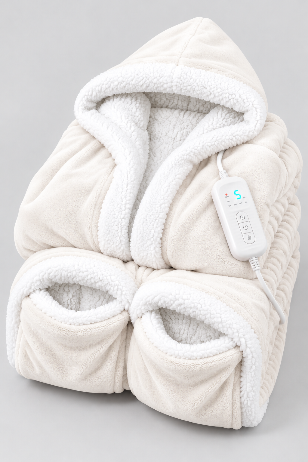 White Best Mom Ever Heated Robe, folded with foot pockets and heat controller